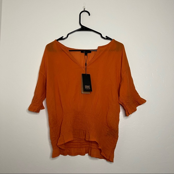 NWT Frye Womens Top Size Large Split Neck Smocked Waist Short Sleeve Orange Rust - Picture 4 of 12